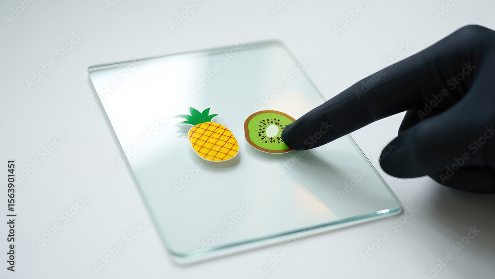 Poster minimalist interface displaying pineapple and kiwi icons, activated by a finger touch on a transpare