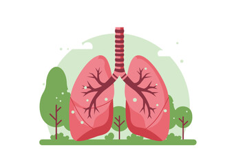 Cartoon lungs are centered set amidst green trees and light green backdrop