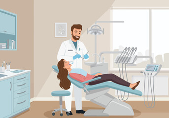 Dentist examining female patient in dental chair at clinic near tool and window