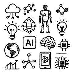 Future World and Artificial Intelligence Sketch Icons – Hand Drawn Scribble Style Doodle AI Technology Clipart – Transparent Background