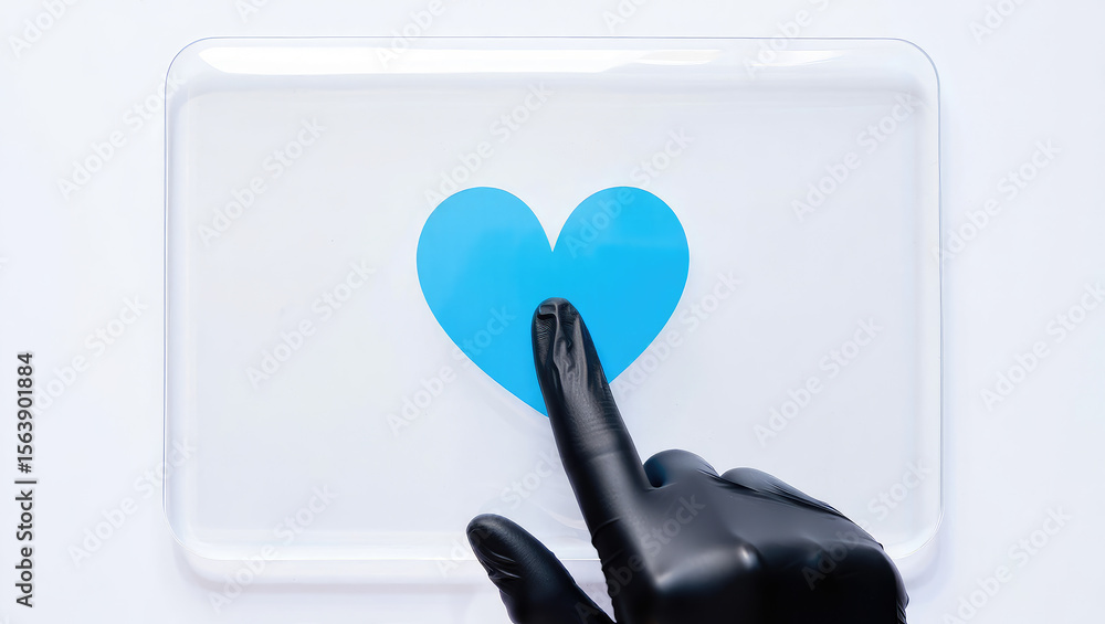 Poster conceptual illustration of a finger touching a digital interface displaying a blue heart icon agains