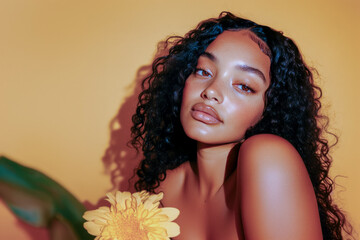 Beautiful black woman posing with yellow flower and tropical leaf