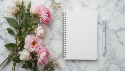 Notebook Mockup with Pink and White Flowers on Marble Background