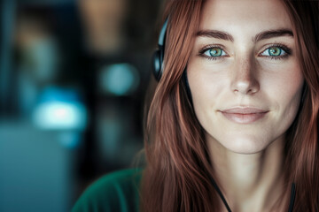 Confident redhead call center agent wearing headset smiling in office