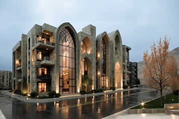 Modern building with ogival arches illuminating wet street at dusk