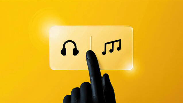 Audio Preferences A Conceptual Image of Sound Customization with a Hand Adjusting a Virtual Interface Displaying Audio Icons on a Vibrant Yellow Background