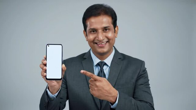 Man in suit presenting blank smartphone with smiling expression