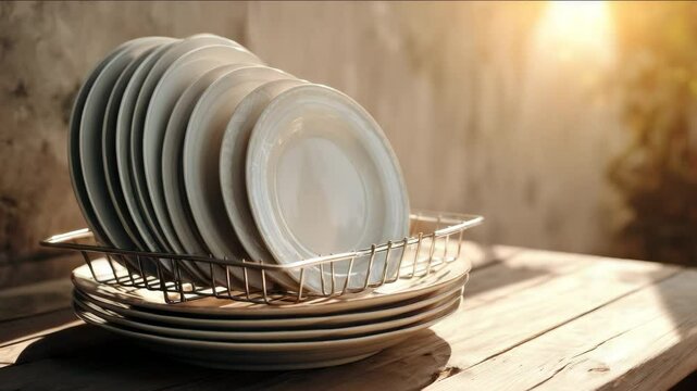 A stack of clean plates in a dish rack, with a sunny background and the wooden surface