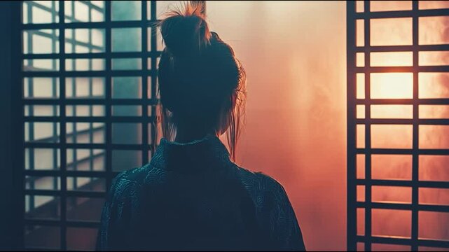 Silent Contemplation: A woman stands in contemplative pose, her silhouette framed by the intricate lines of a traditional screen, with a warm glow embracing the scene
