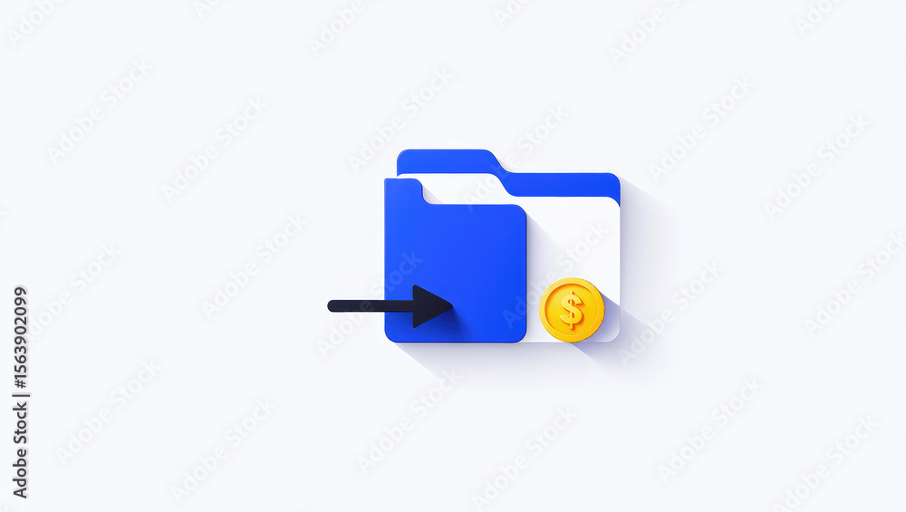 Poster financial inflow a folder with an arrow pointing inward and a coin symbolizing investment, savings, 