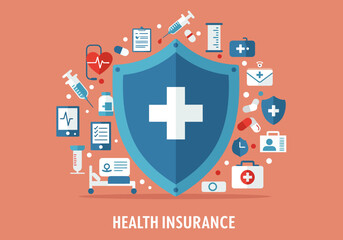 Obraz premium Medical icons surround a blue shield emblazoned with a white cross set against an orange background with HEALTH INSURANCE below
