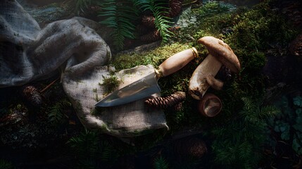 Top-down view of rustic knife slicing mushroom stem on mossy log