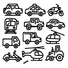 Vehicle and Transport Icons &ndash; Hand Drawn Sketch of Cars, Trucks, Buses, and Urban Mobility &ndash; Transparent Background