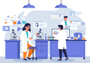 Scientists in a lab setting with microscopes flasks test tubes data displays and lab coats