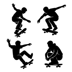 Skateboard Silhouette Gesture Collection – Extreme Sports Trick Poses in Motion – Transparent Background