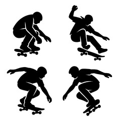 Skateboard Silhouette Gesture Collection – Extreme Sports Trick Poses in Motion – Transparent Background
