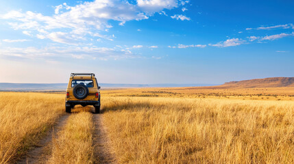 Fototapeta premium Safari adventure in savannah with vehicle driving through golden grasslands under blue sky