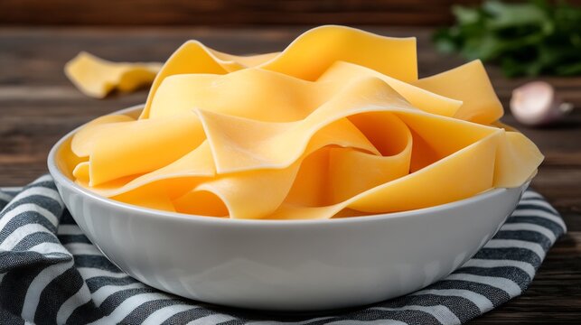 Bowl of uncooked wide, flat yellow pasta sheets (Lagane or Lasagna) on rustic wood
