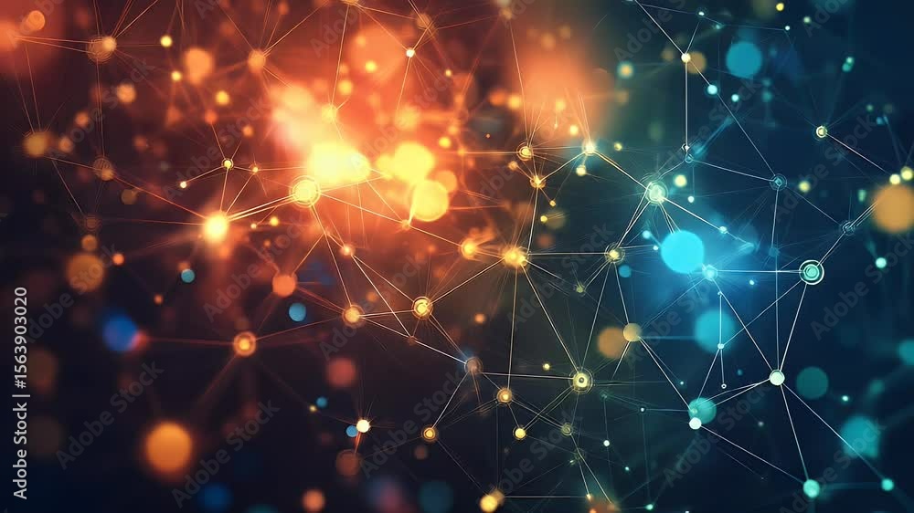 Poster abstract digital network with glowing bokeh lights in shades of orange and blue representing connect