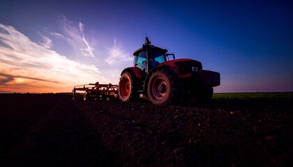 Fototapeta premium The tractor moves steadily, carving the earth. 