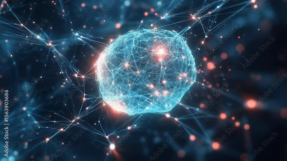 Poster abstract digital network sphere with interconnected nodes and data points glows against a dark blue 