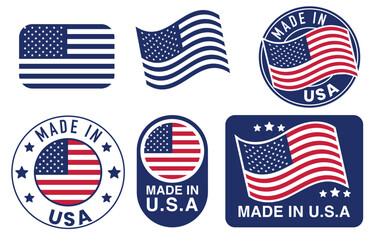 Made in USA label collection. Set of flat isolated stamp made in USA.