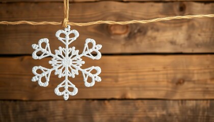 White glitter snowflake ornament craft hanging on twine against a rustic wood background,  sparkle,  kids