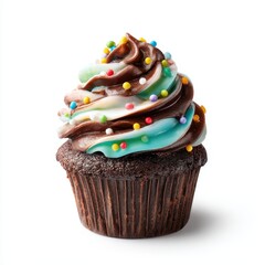 A cupcake with chocolate frosting and sprinngs