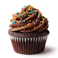 A cupcake with chocolate frosting and sprinngs