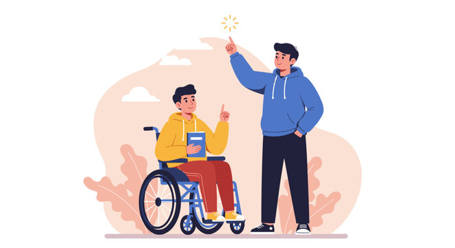 A young man in a wheelchair smiles while studying with a friend who is encouraging him with a sparkle graphic, symbolizing support and education for people with disabilities.