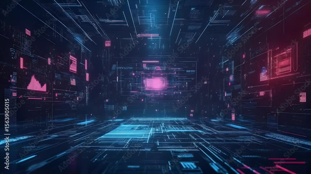 Poster abstract digital tunnel with blue and pink neon lights data streams and circuit board elements repre