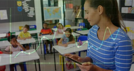Teacher tapping tablet analyzing student progress while animated chart rising over classroom desks - Powered by Adobe