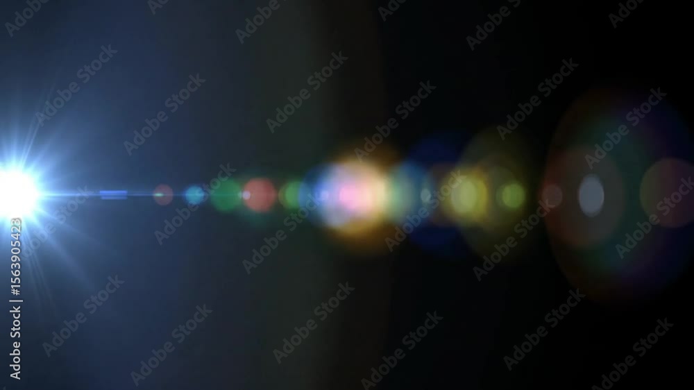 Poster dynamic lens flare with colorful bokeh and bright light on black background.