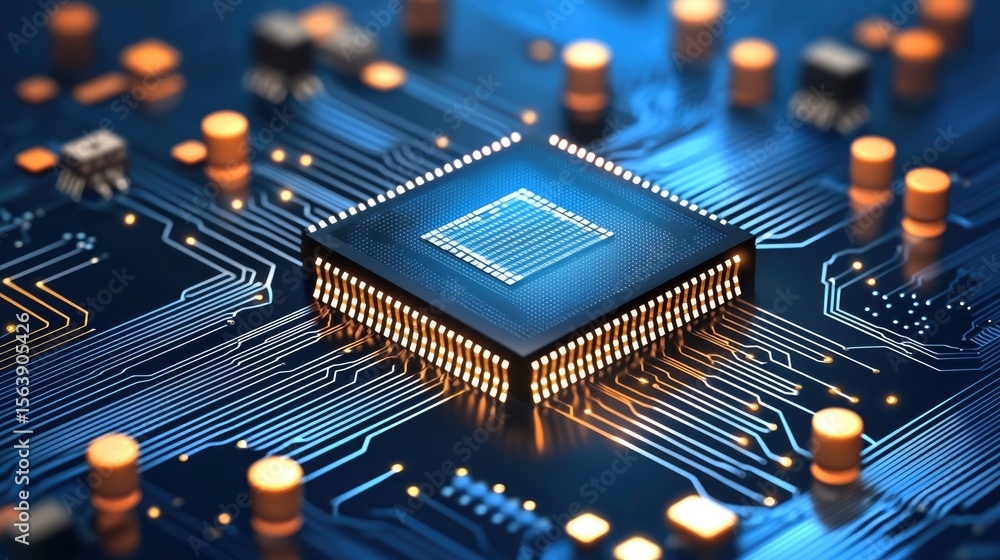 Poster innovative microchip technology revolutionizing electronics digital circuit board close-up tech envi