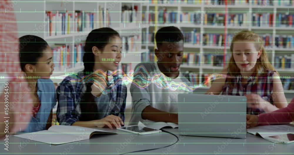 Poster instructor shifting tablet activating line graph while students in library studying data visuals