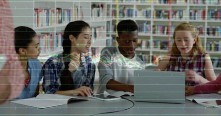 Instructor shifting tablet activating line graph while students in library studying data visuals - Powered by Adobe