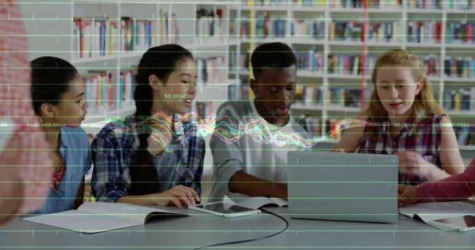 Instructor shifting tablet activating line graph while students in library studying data visuals - Powered by Adobe