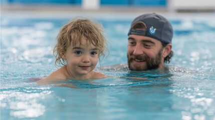 Child enjoys playful moment by the pool while looking at instructor during swimming lesson