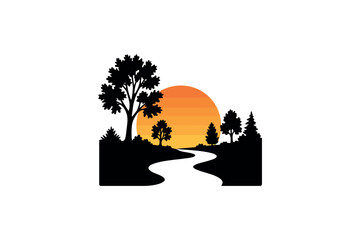 Sunrise Over a Winding River in a Misty Green Valley silhouette on white background.02