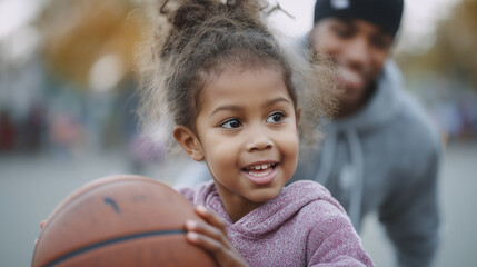 Little girl practicing basketball skills outdoors with a joyful expression on her face