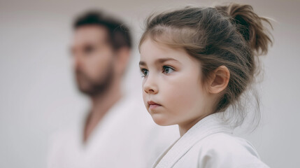 Little girl focused on practicing martial arts in a dojo with a calm atmosphere and supportive instructor nearby