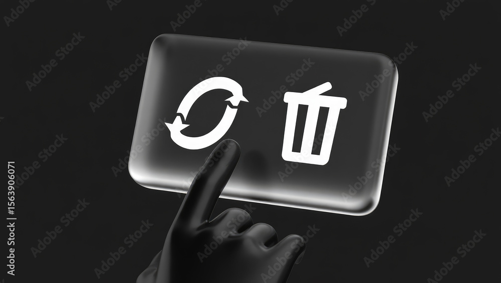 Poster digital recycling interface with arrows and trash can icons on a transparent screen displaying waste