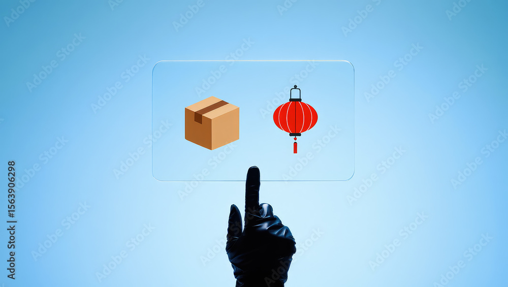 Poster advanced logistics interface featuring a box and lantern icon on a transparent screen controlled by 