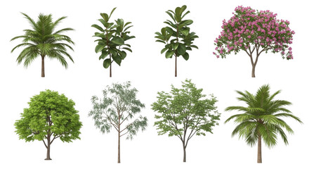 Diverse Collection of Trees Including Tropical and Flowering Varieties, isolated on a transparent background