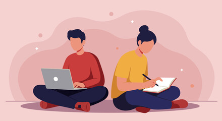 A young man works on his laptop while a young woman takes notes in a notebook, both sitting comfortably on the floor in a minimalist, modern setting, illustrating collaboration and focused work.