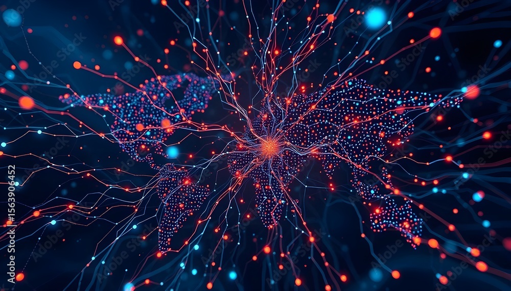 Poster data visualization of global connections digital network abstract technology dark theme