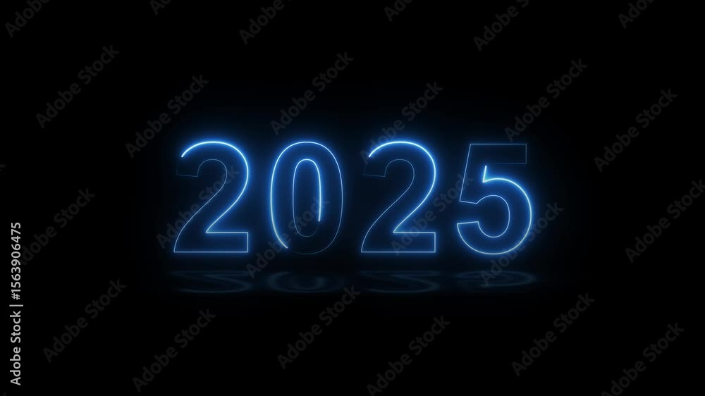Poster 2025 neon line text. abstract 2025 neon text animation, glowing neon number text background 4k anima