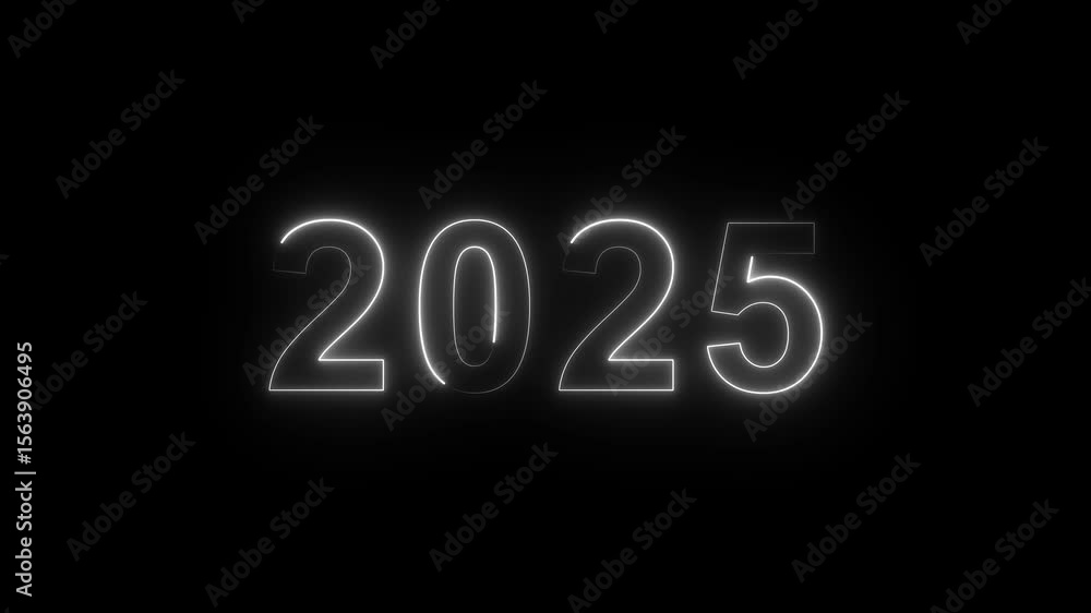 Poster 2025 neon line text. abstract 2025 neon text animation, glowing neon number text background 4k anima