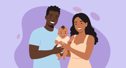 Obraz premium Happy African American family portrait: a smiling father, mother, and their adorable baby, captured in a minimalist pastel illustration style, ideal for family blogs, websites, and social media.