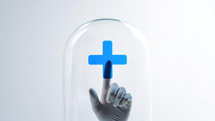 Obraz premium Innovative Healthcare Solution A Gloved Hand Interacts with a Protective Dome Displaying a Blue Plus Sign Symbolizing Medical Advancement and Safety Measures in Modern Medicine